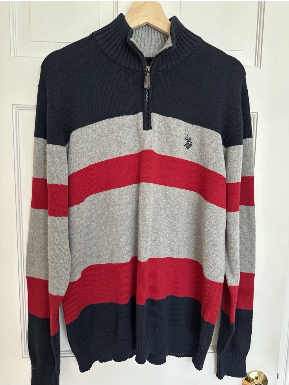 U.S. Polo Assn. Mens Half-Zip Striped Sweater in Navy, Gray & Red